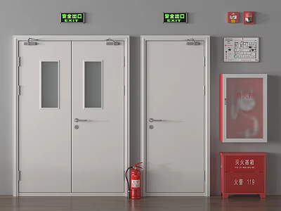 Fire Safety Equipment Setup With Emergency Exit Signs Fire Doors Extinguishers And Hydrant Cabinets 3d model