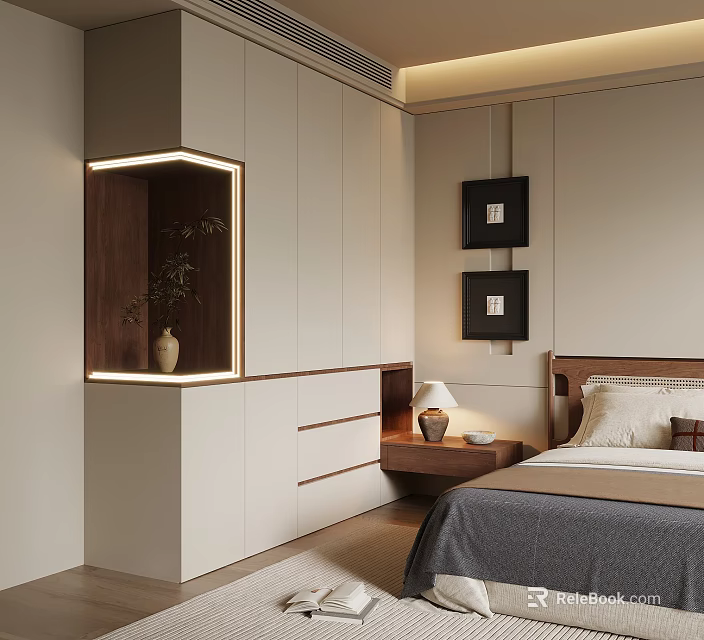 Modern Built in Wardrobe in Bedroom with LED Lighting and Wooden Accents 3d model 
