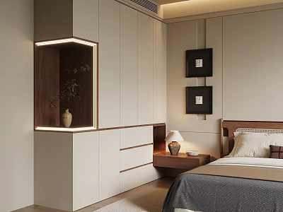 Modern Built in Wardrobe in Bedroom with LED Lighting and Wooden Accents 3d model