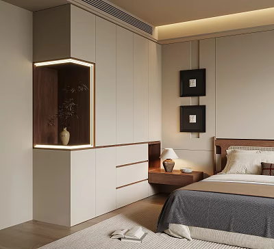 Modern Built in Wardrobe in Bedroom with LED Lighting and Wooden Accents 3d model