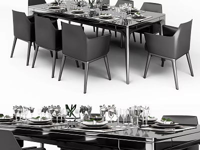 Modern Black Dining Table Set With Chairs Tableware And Glasses Arrangement 3d model