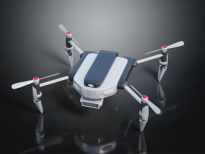 Modern Drone With Four Propellers White Blue Body On Black Reflective Surface Design 3d model