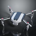 Modern Drone With Four Propellers White Blue Body On Black Reflective Surface Design