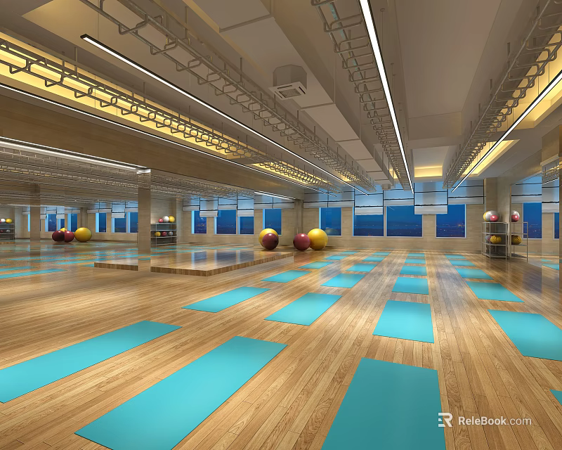 Spacious Fitness Studio With Wooden Floors Blue Yoga Mats Colorful Exercise Balls Mirrors And Windows 3d model 