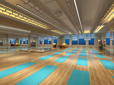 Spacious Fitness Studio With Wooden Floors Blue Yoga Mats Colorful Exercise Balls Mirrors And Windows 3d model