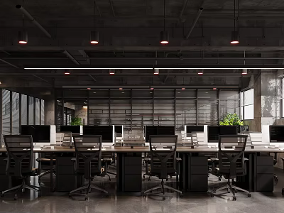 Modern Industrial Open Office Space With Neat Workstations And Ergonomic Mesh Comfortable Office Chairs 3d model