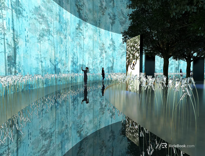 Blue Curved Wall Interior Installation With Tree Patterns Reflective Floor And People 3d model 