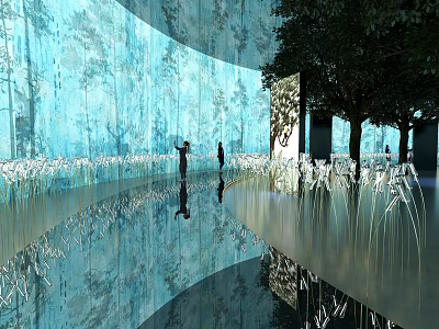 Blue Curved Wall Interior Installation With Tree Patterns Reflective Floor And People 3d model