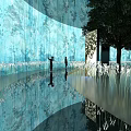 Blue Curved Wall Interior Installation With Tree Patterns Reflective Floor And People 3d model