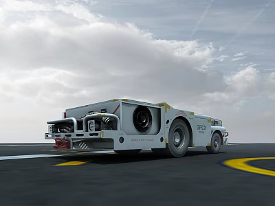 White Utility Vehicle With Large Wheels And Equipment Driving On Open Ground Under Cloudy Sky 3d model