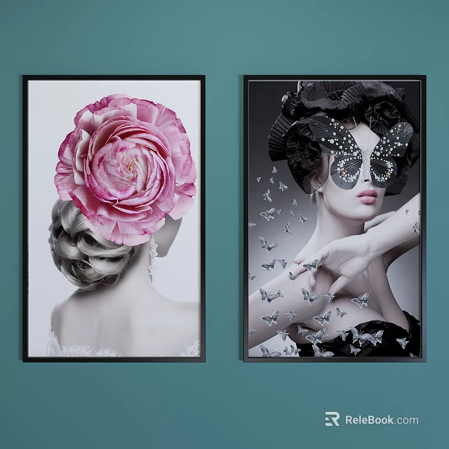 Two Stylish Portrait Paintings With Pink Flower Hairstyle And Butterflies Decorations 3d model 