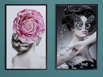 Two Stylish Portrait Paintings With Pink Flower Hairstyle And Butterflies Decorations 3d model