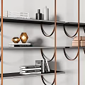Elegant Modern Bookcase With Black Shelves Copper Brackets Books And Decorative Items