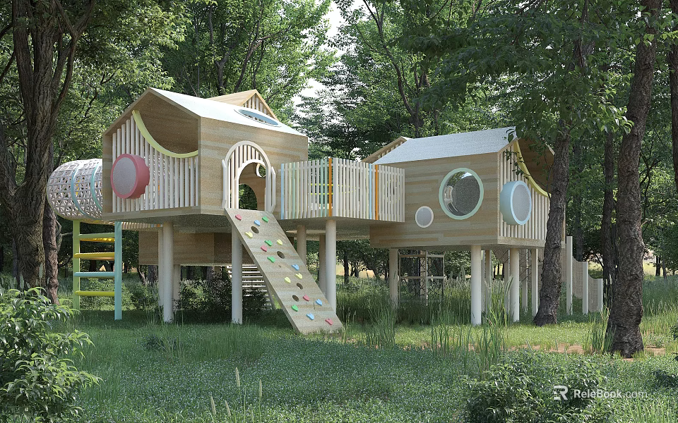 Wooden Playhouse With Slide Climbing Net And Circular Windows In Tree Surrounded Green Grass 3d model