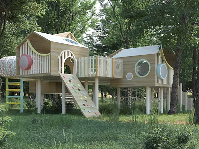 Wooden Playhouse With Slide Climbing Net And Circular Windows In Tree Surrounded Green Grass 3d model