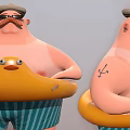 Plump Man With White Hat And Sunglasses Holding Yellow Rubber Duck Float On Wooden Base
