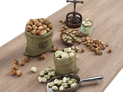 Assorted Nuts in Burlap Bags on Wooden Table with Manual Grinder and Scoop 3d model