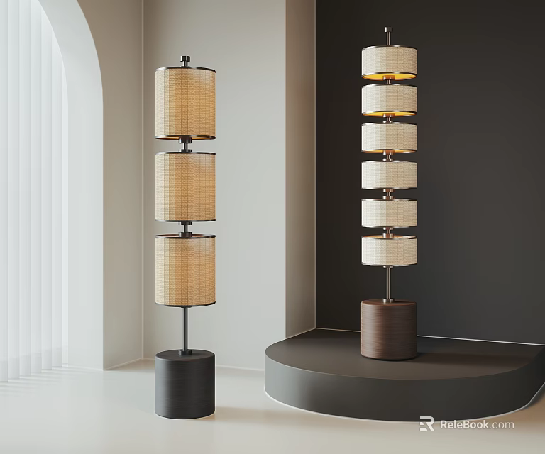 Modern Multi Tiered Fabric Shade Floor Lamps With Dark And Brown Bases On Curved Platform 3d model 