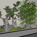 Tranquil Indoor Landscape With Bonsai Pines Bamboo Statues Moss And Stone Planter