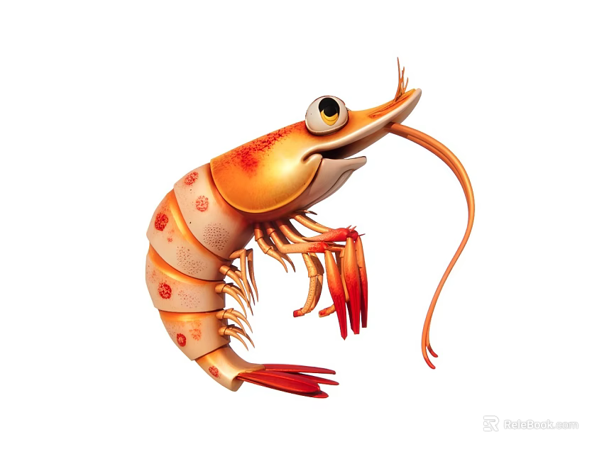 Cute Cartoon Orange Spotted Shrimp With Big Eyes And Long Antennae 3d model 
