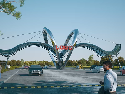 Modern Entrance Gate with Curved Arch Structure Featuring Logo Surrounded by Cars Pedestrians and Trees 3d model