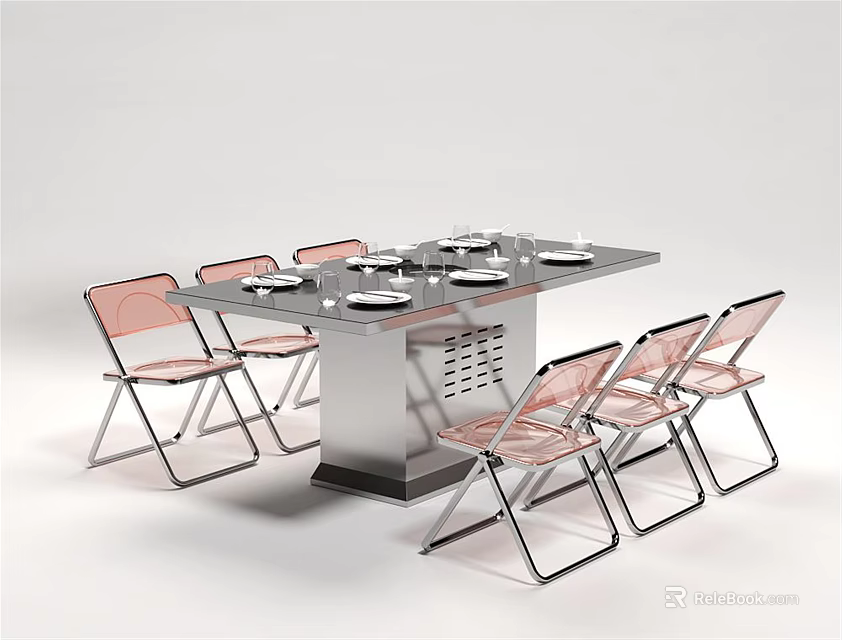 Sleek Modern Dining Table Set With Metal Frame And Pink Transparent Chairs 3d model 