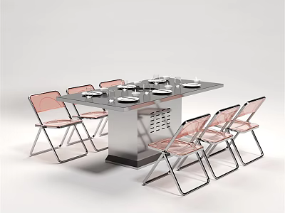 Sleek Modern Dining Table Set With Metal Frame And Pink Transparent Chairs 3d model