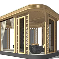 Traditional Wooden Pergola Design With Carved Columns Sheer Curtains And Decorative Baskets
