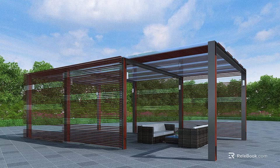 Outdoor Pergola With Wooden Structure Glass Roof Green Plants Sofa Seats And Leisure Area 3d model 
