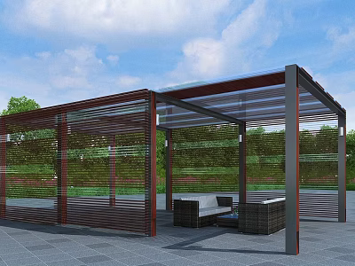 Outdoor Pergola With Wooden Structure Glass Roof Green Plants Sofa Seats And Leisure Area 3d model