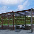 Outdoor Pergola With Wooden Structure Glass Roof Green Plants Sofa Seats And Leisure Area