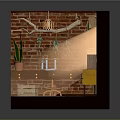 Cartoon Scene of Miniature Room with Brick Wall Hanging Lamp Plants Desk Stool and Bookshelf