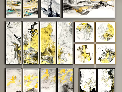 Modern Abstract Paintings With Golden Black White Fluid Textures And Artistic Patterns 3d model