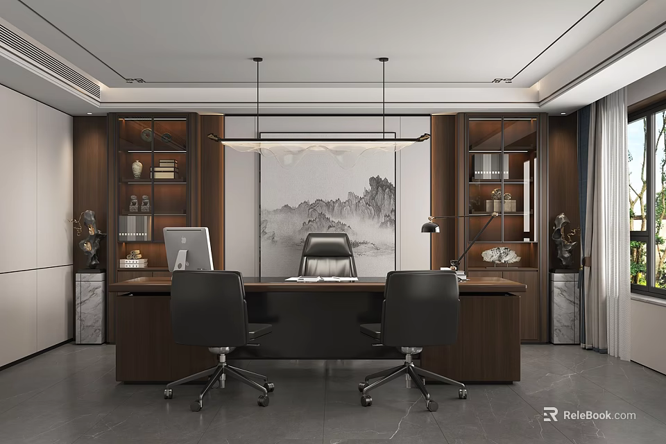 Modern Elegant Office Interior With Wooden Bookshelves Executive Desk Black Office Chairs And Landscape Painting 3d model 