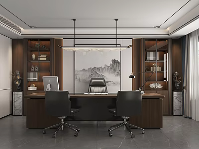 Modern Elegant Office Interior With Wooden Bookshelves Executive Desk Black Office Chairs And Landscape Painting 3d model