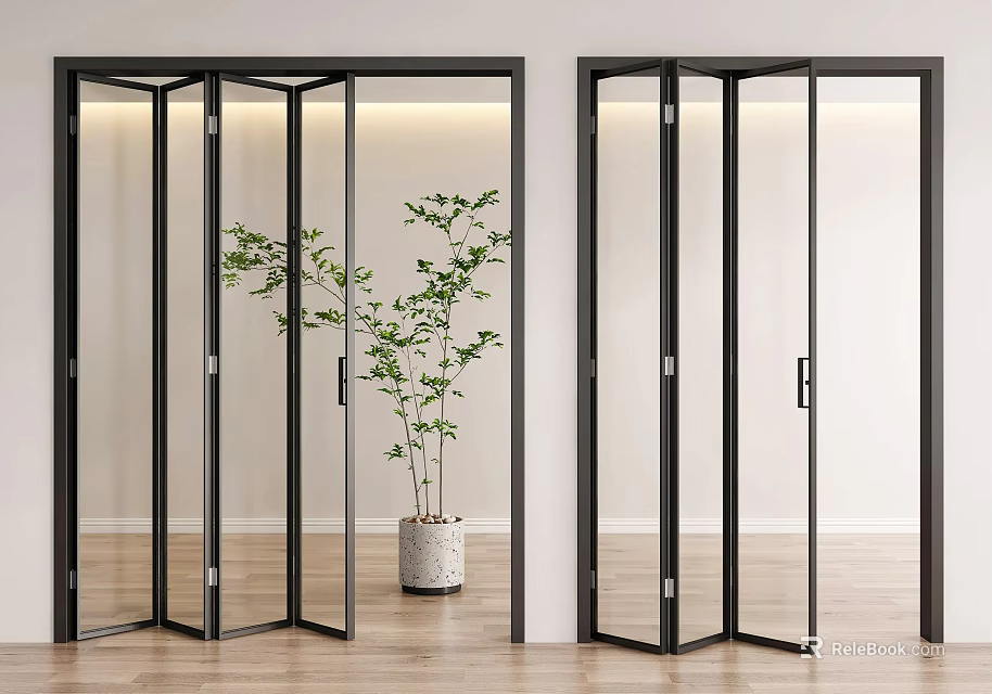 Modern Folding Glass Doors With Black Frames In Interior 3d model 