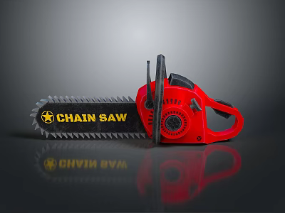 Red Chain Saw With Black Metallic Cutting Chain And Comfortable Handle Grip 3d model