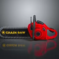 Red Chain Saw With Black Metallic Cutting Chain And Comfortable Handle Grip