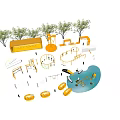 Outdoor Yellow Playground Equipment With Climbing Frames Slides Rotating Structures And Circular Rings