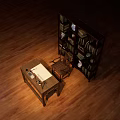 Wooden Desk and Chair Set with Bookshelf Books Globe in Study Room on Wooden Floor