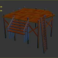 Orange Wooden Construction Platform With Staircase Ladder And Support Beams
