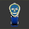 Fashionable Blue Skull Pattern Leather Strap With Metal Buckle Pink Jeweled Eyes And Yellow Accents