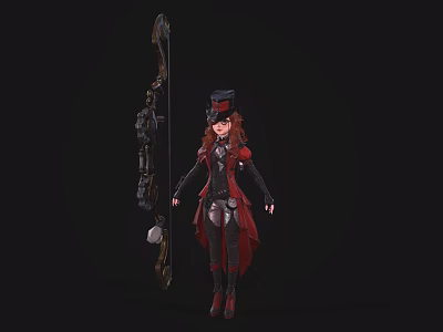 Game Movie Character In Black Red Outfit With Top Hat And Large Bow Weapon 3d model