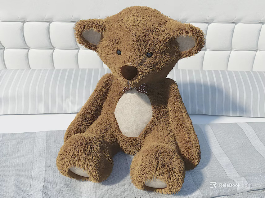 Plush Brown Teddy Bear Sitting On Bed With Striped Sheet And White Tufted Headboard 3d model 