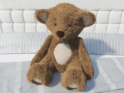 Plush Brown Teddy Bear Sitting On Bed With Striped Sheet And White Tufted Headboard 3d model