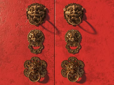 Golden Lion Head Door Knockers With Traditional Design On Red Background 3d model