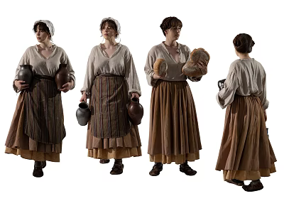 Woman in Vintage Clothing Holding Pottery Jars and Carrying Loaves of Bread 3d model
