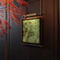 Greenish Abstract Painting on Dark Wooden Wall with Metal Frame and Red Maple Leaves