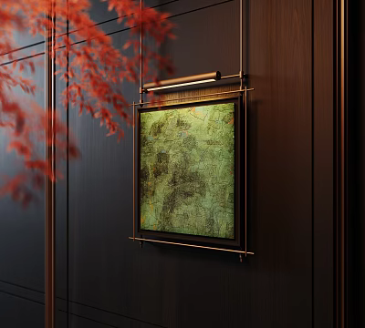 Greenish Abstract Painting on Dark Wooden Wall with Metal Frame and Red Maple Leaves 3d model