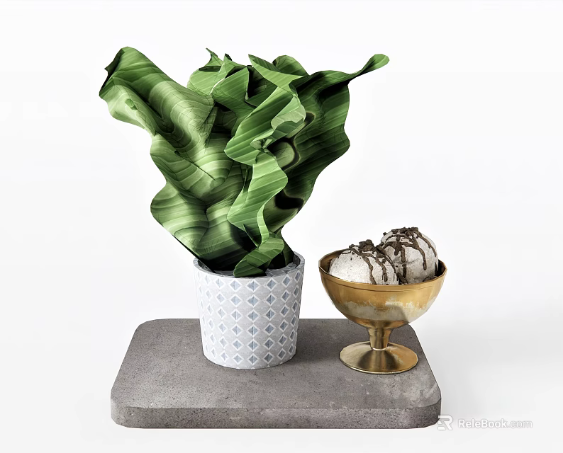 Chocolate Drizzled Dessert Scoops in Golden Bowl on Gray Stone Base with Green Leafy Plant 3d model 